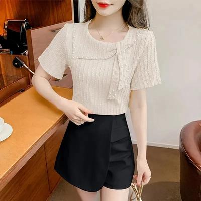 Damen Sommer Design Elegant Krawatte Kurzarm T-Shirt Einfarbig Temperament Slim Top