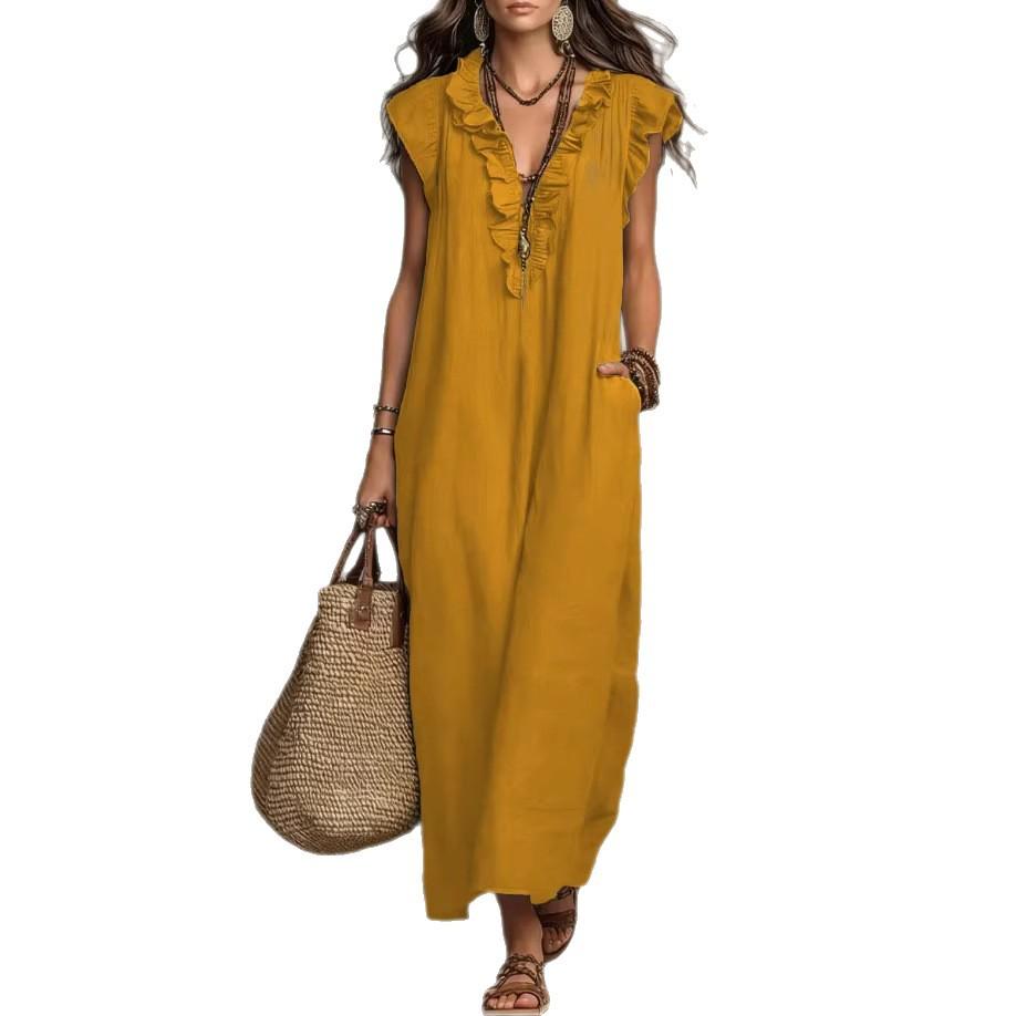 Women's Sleeveless Ruffle Neck Maxi Dress in Multiple Colors