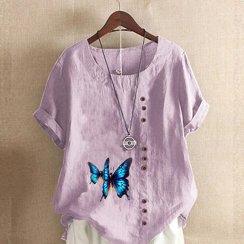 Tricou cu mânecă scurtă cu gât rotund la modă pentru femei, ocazional, din bumbac, cămașă grafică pentru timpul liber Bluză de vară cu printuri fluture
