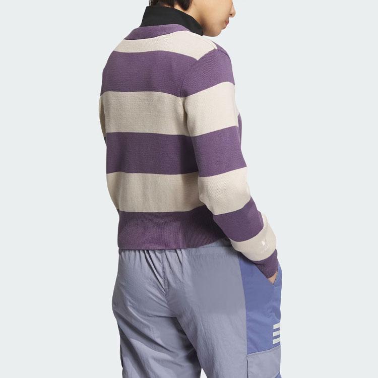 Adidas Originals Trefoil Striped Colorblock Single-Breasted Long-Sleeve Knit Cardigan Women Tops Dark-Grey Violet IN1068