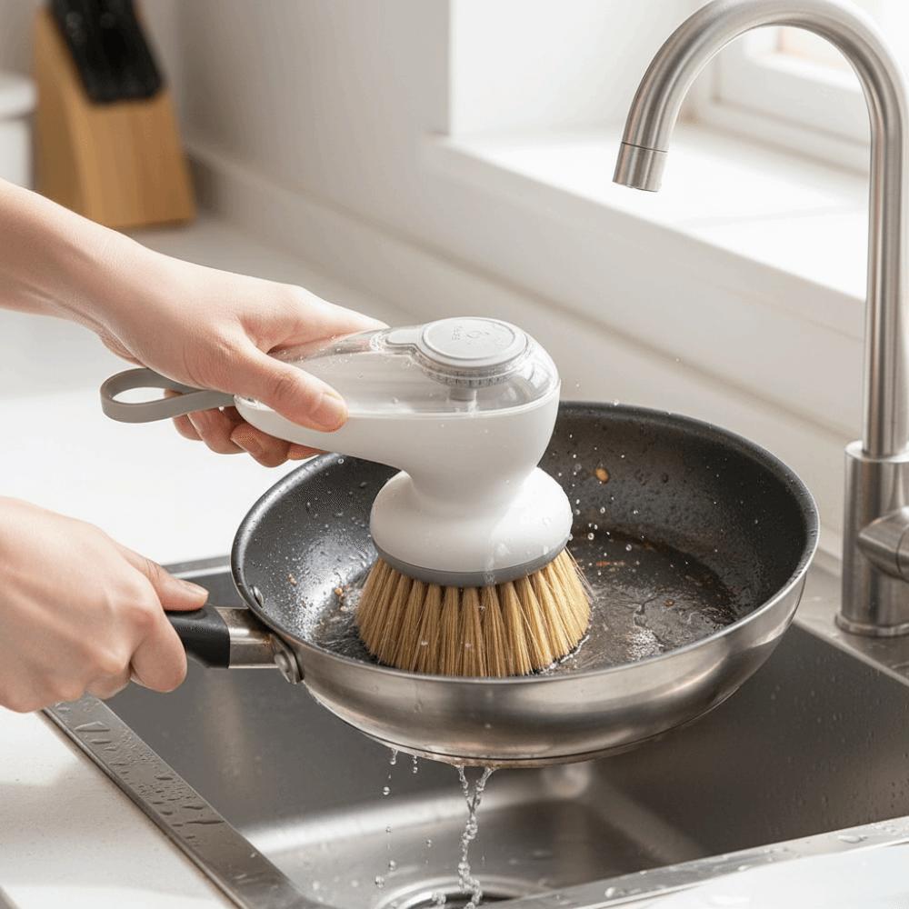 2PCS/SET Press-Type Automatic Liquid Dispensing Pot Brush Plastic Pot Cleaning Brush Pot Cleaning