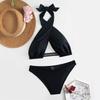 Spot New Black Cross Neck Sexy Bikini Swimsuit Women's 1011 Fashion Beach Swimsuit Trendy