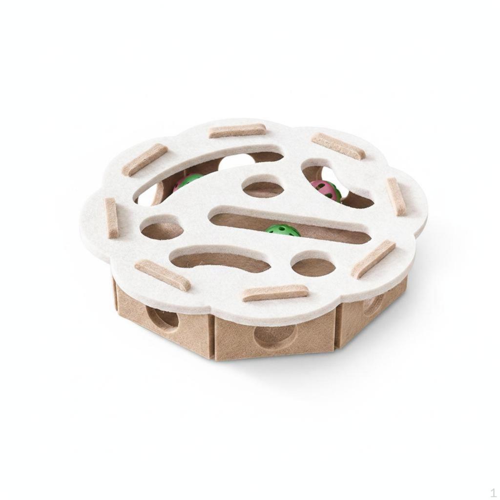 Felt Cat Toy Box Cutout Openings Maze Interactive Ball Batting Square Green Brown with 1