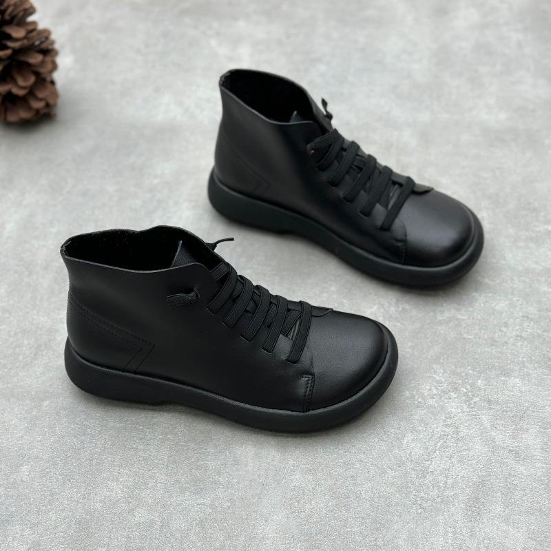Literary and Handmade Leather Women's Short Boots Autumn and Winter New Round Head Flat Bottom Elastic Foot Cover First Layer Cowhide Women's Boots