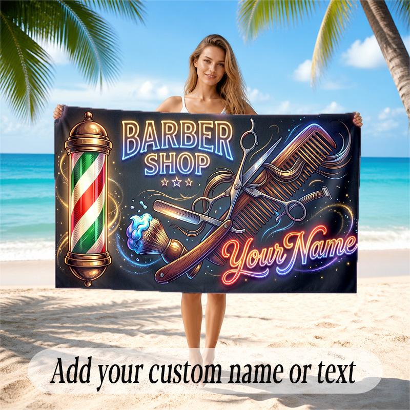 Barber Salon Theme Quick Dry Beach Towel Custom Name Text Print Large Sand Resistant Towel Beach Vacation
