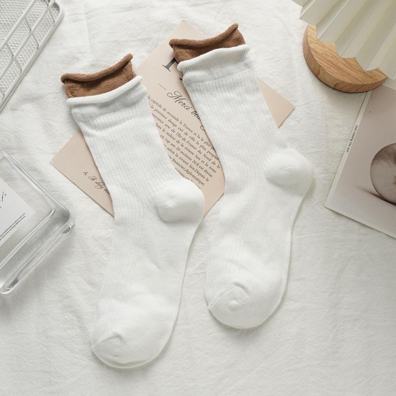 1/5 Pairs Mid-tube Socks for Girls Double Cuffs Pile Socks Women's Comfortable Socks