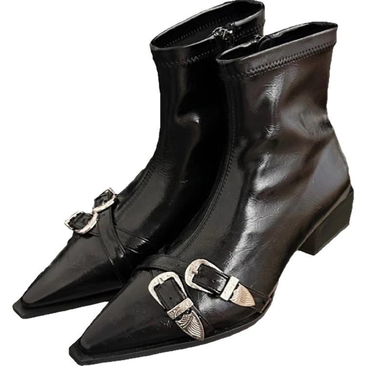 Französische spitze dicke hohe Absätze kurze Stiefel Damen 2025 neu Temperament Seitenreißverschluss Mode elastische dünne Stiefel