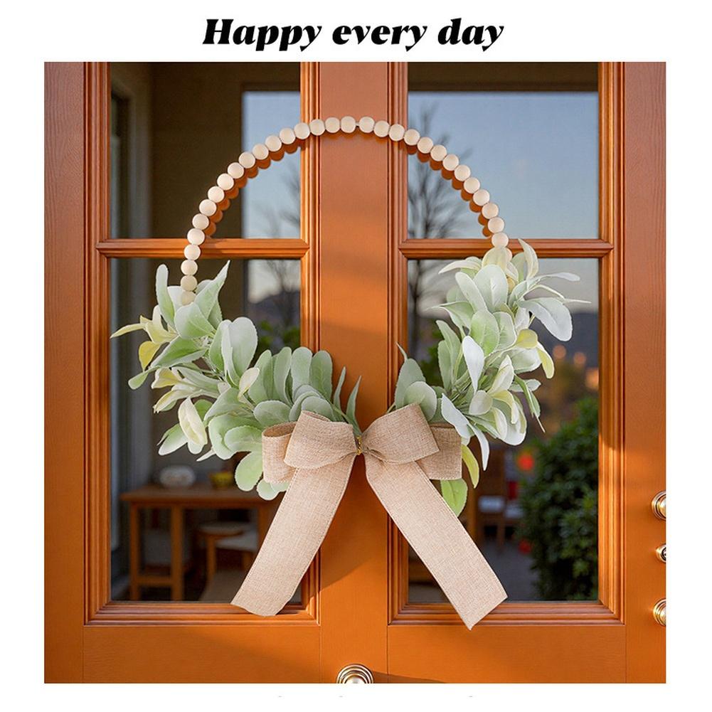 Sezonowa Wianek w Stylu Wiejskim ze Sztucznymi Jesiennymi Liśćmi Drewnianymi Koralikami Kokardką do Zawieszenia na Ścianie Dekoracja Drzwi