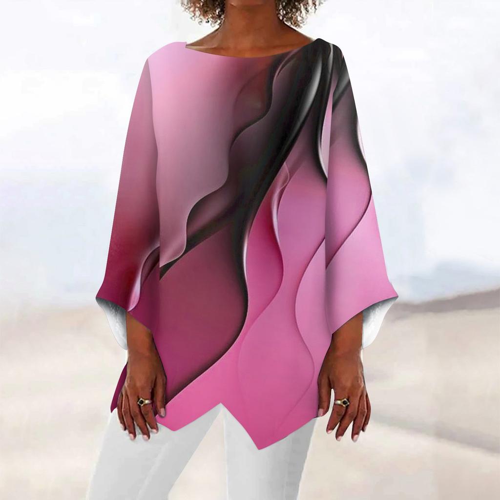 Women's Fashion Retro Print Gradual Colored Round Neck 9/4 Sleeve Irregular Hem T-shirt Top