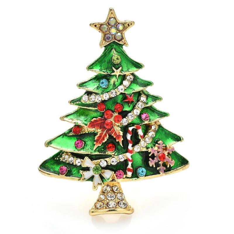 Neutral Style Two-Color Rhinestone Enamel Christmas Tree Brooch Gift for Party or Office