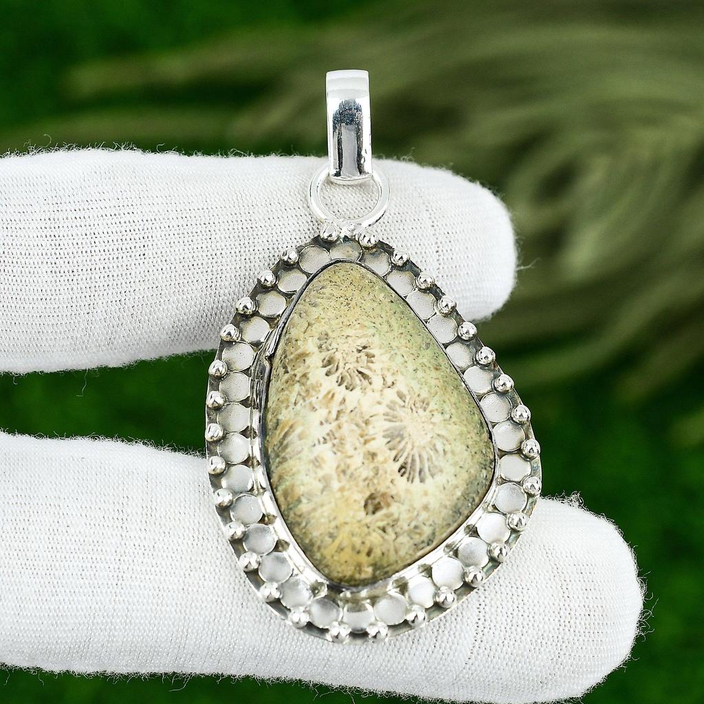 Natural Fossil Coral Gemstone Pendant Gray 925 Sterling Silver Indian Jewelry