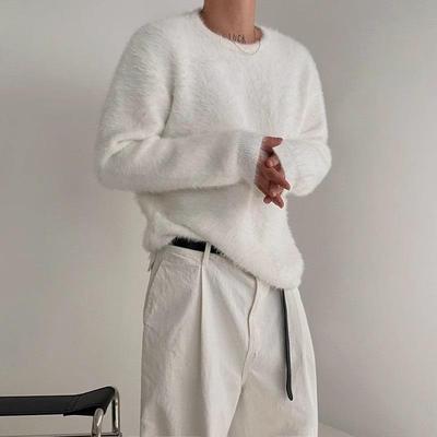 Męski sweter dzianinowy z futra norek w stylu koreańskim: Miękki, Pogrubiony, Luźny krój, Jednolity kolor, Okrągły dekolt na jesień/zimę.