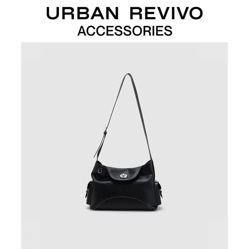 URBAN REVIVO 2026 Autumn Lock-Buckle Multi-Pocket Shoulder Bag