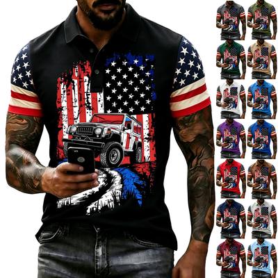 Men's Casual Short Sleeve Polo Shirt with Independence Day Flag Print and Off-Road Vehicle Graphic Button Down Collar