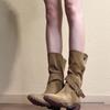 Women's Retro Suede Pointed Toe Knight Boots with Buckle, Chunky Heel, and Two-Wear Western Style