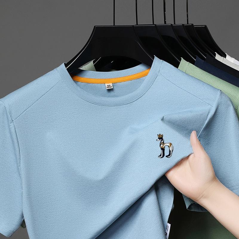 Wovey Mode Minimalistisch Heren O-hals Korte Mouw T-shirt Zomer Prachtig Hond Borduurwerk Halve Mouw Luxe Vrijetijd Herenkleding M