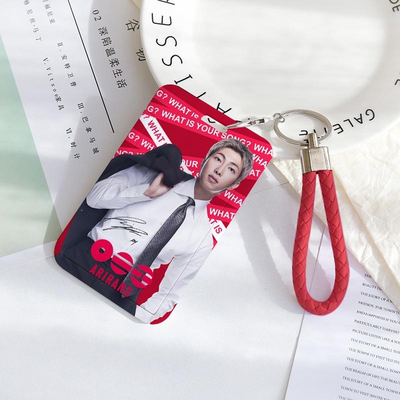 BTS Sliding Photocard Holder, Protective ID Badge Card Case with Braided Keychain Strap, Student Campus Bus Meal Card Protector Merch for ARMY