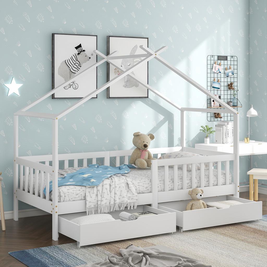 (Not Allowed to Sell on Germany)Beautiful house bed, with 2 drawers, solid wood, slatted frame, with fall protection, white (200x90 cm)