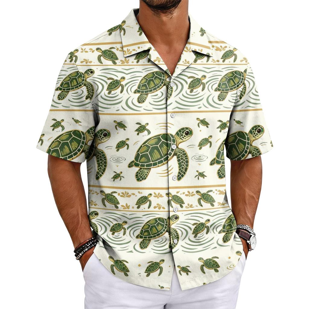 Men's Summer Hawaiian Print Cuban Collar Shirt Short Sleeve Button Down Casual Beach Shirt Lightweight Breathable Fabric