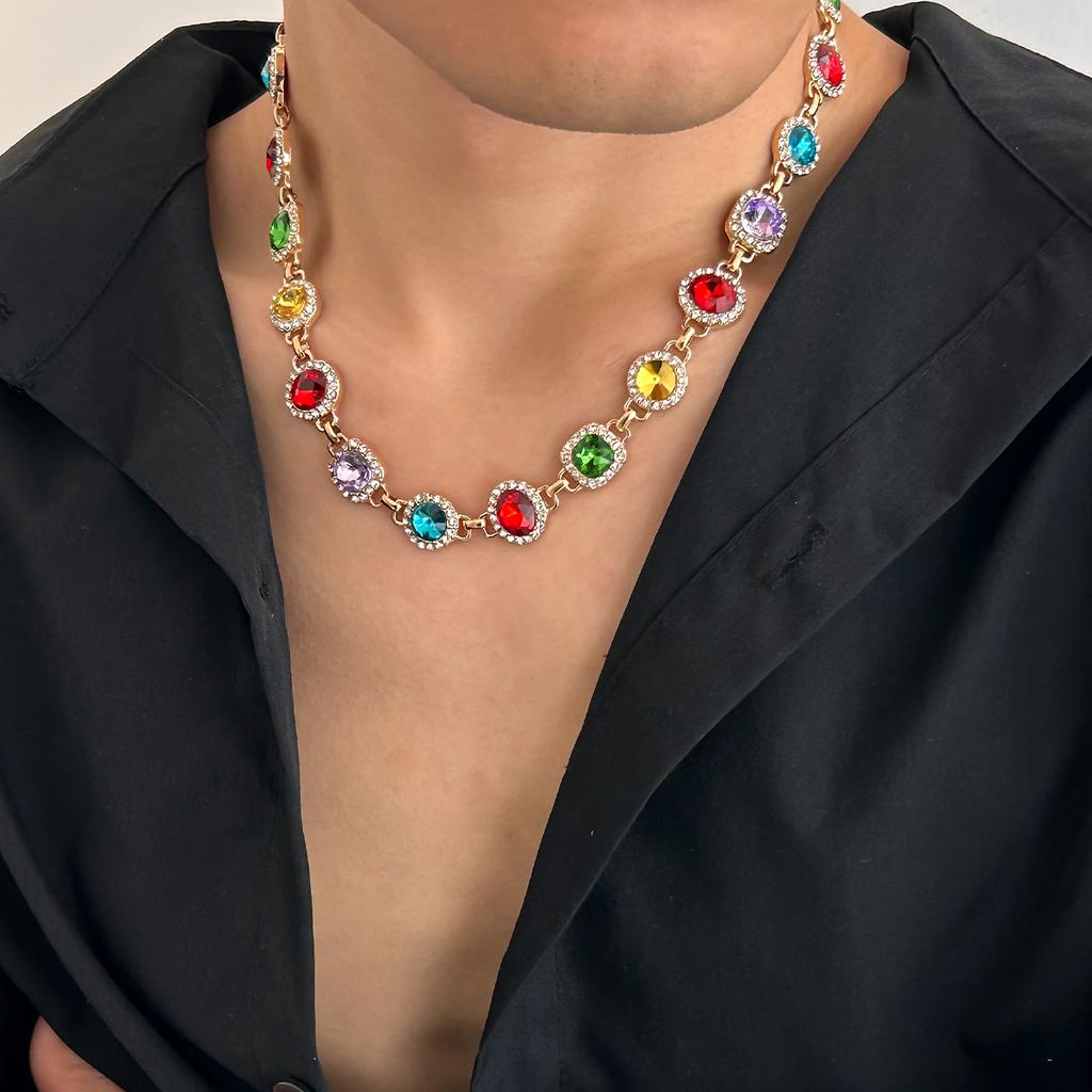 Salircon Colorful Rhinestone Chain Choker Necklace Men  Luxury Trendy Simple Clavicle Chain Necklace Bracelet Party Jewelry