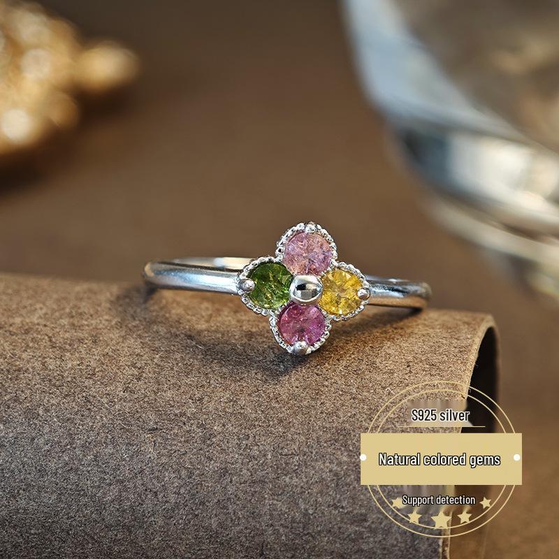 Prsten s kamenem turmalín ve tvaru čtyřlístku v bonbónové barvě ze stříbra 925 - Oblíbený z TikTok Live