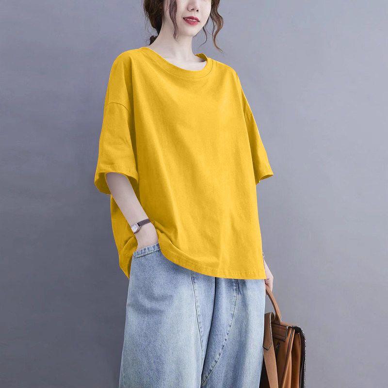 

Export Big Sale Leak-Picking Pure Cotton T-Shirt Short-Sleeved Letters Loose Women s Summer Slimming Youthful-Looking Tops Women s Fashion Yellow (Solid Color) M (Recommended Within 57.5kg