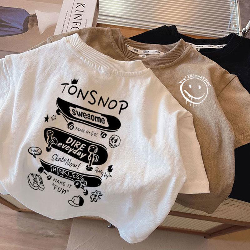 Kids' Summer 2024 Boys' Cotton T-Shirt: Trendy Loose-Fit Short Sleeve Top