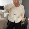 Womens Loose Round Neck Knit Cardigan With Pockets Three Buttons Long Sleeve