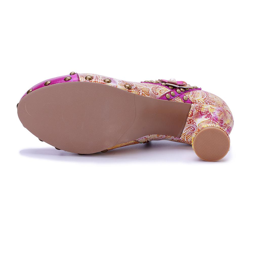 Johnature Pantofi cu toc înalt cu nituri, cu imprimeu retro, cu aplicații din piele naturală, pentru femei