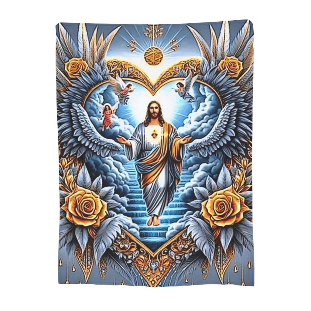 Jesus Christ Angelic Heart Religious Blanket Soft Warm Flannel Throw Blanket Bedspread for Living room Picnic Travel Home Sofa