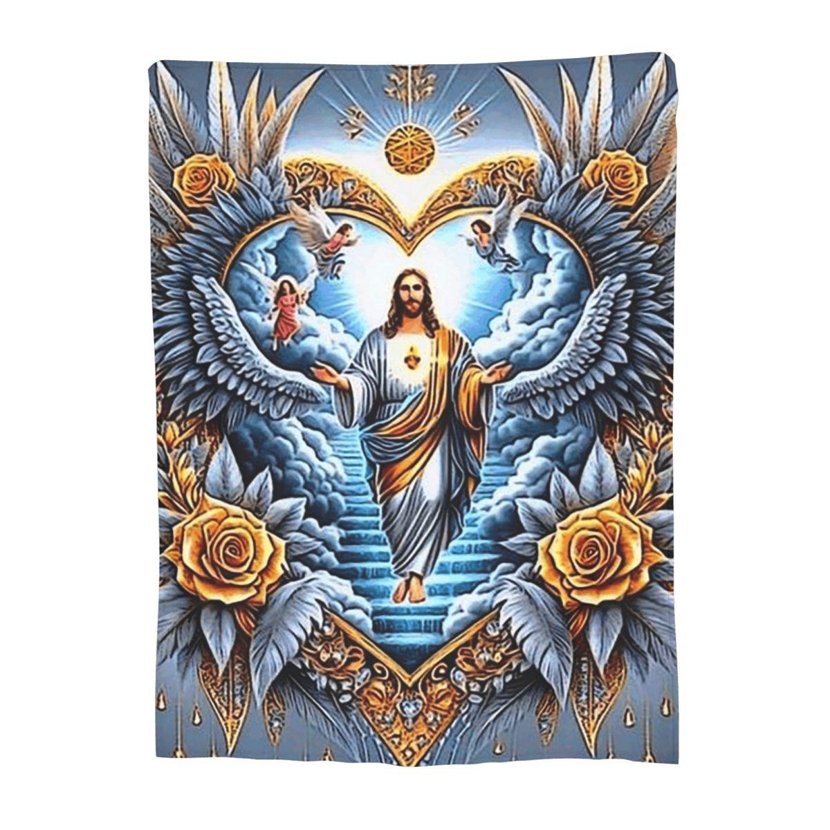 

Jesus Christ Angelic Heart Religious Blanket Soft Warm Flannel Throw Blanket Bedspread for Living room Picnic Travel Home Sofa 80x120cm