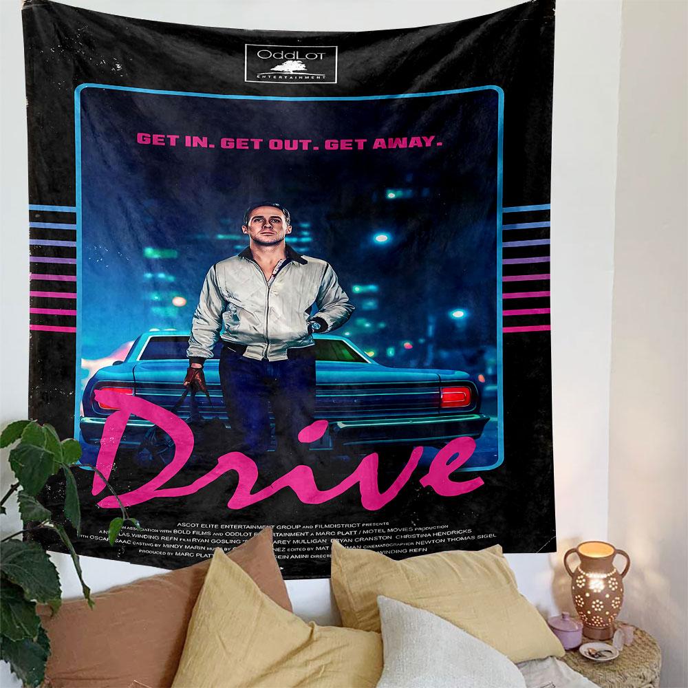 Neon-lit urban backdrop with retro typography and a lone central figure. Patterned tapestry for bedroom and living room home decor