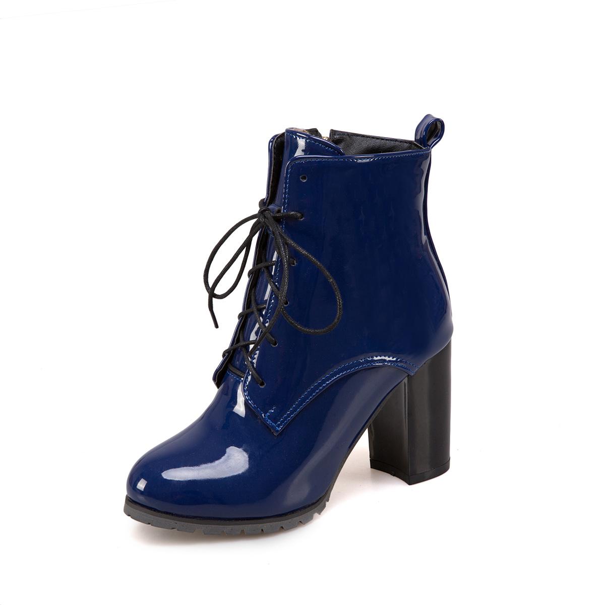 

Женские ботильоны больших размеров из глянцевой лакированной кожи на шнуровке, с толстой плюшевой внутренней подкладкой, на очень высоком толстом каблуке, теплые, дешевые ботильоны 37 синий