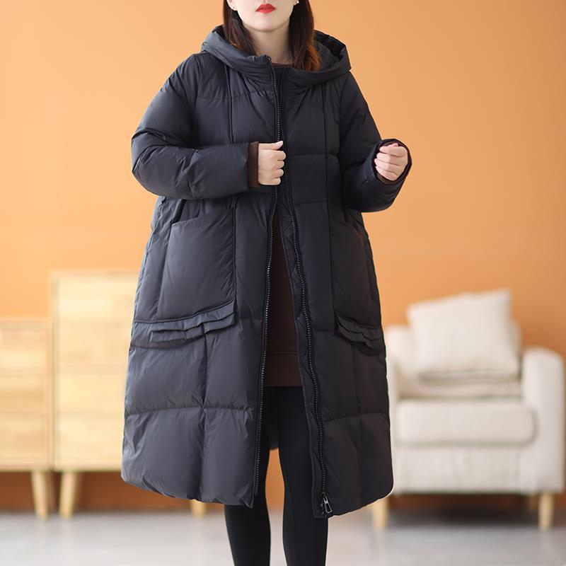 Winter new thickened large size white duck down hooded down jacket women's long knee loose versatile jacket