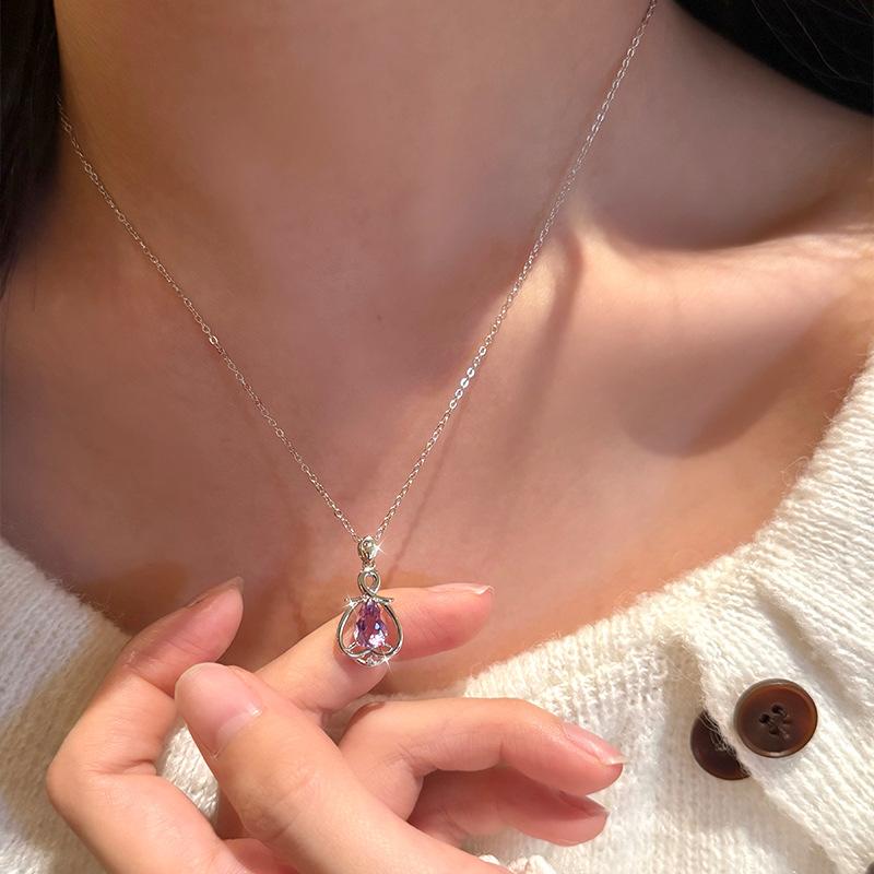 

Natural Crystal Pendant Necklace S925 Silver, 6*9mm Pear-shaped Garnet/Olivine/Amethyst Clavicle Chain, Women s Fashion Jewelry 925 silver
