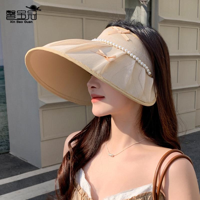Summer sun protection hat women pearl bow big brim sun hat fashion empty top sun hat