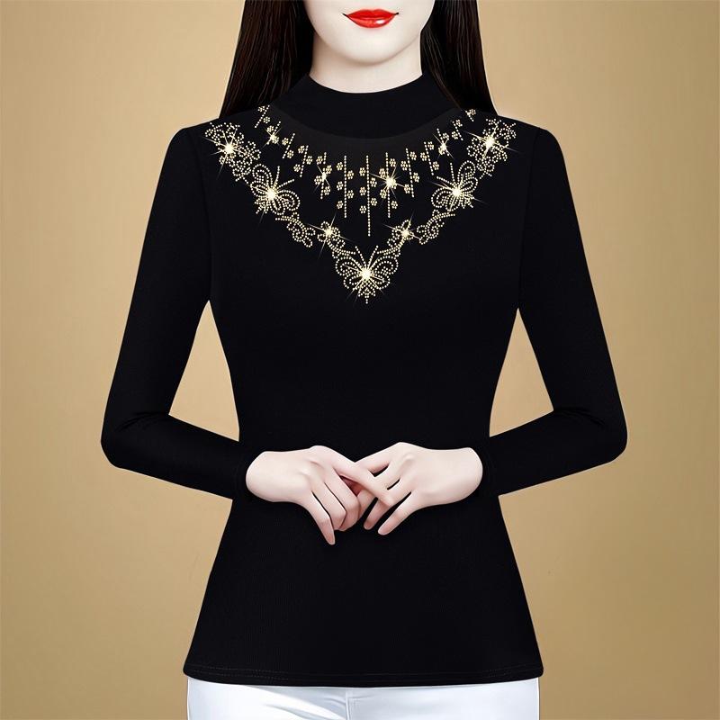 Spring Ironing Diamond Base Shirt for Women with Small Shirt for Women with Slim Fit and Fashionable Mother Plus Velvet Top
