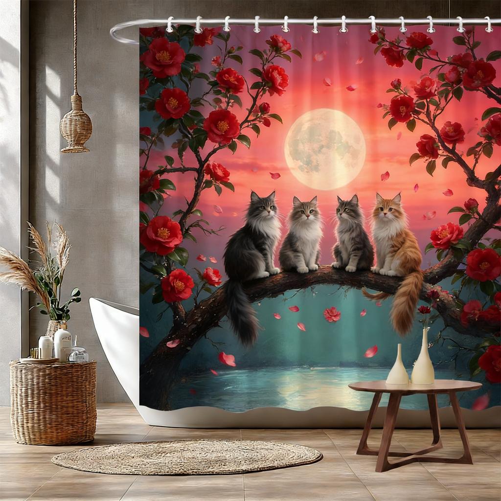Four White Cats on Magnolia Branch Waterproof Shower Curtain for Bathroom Decor