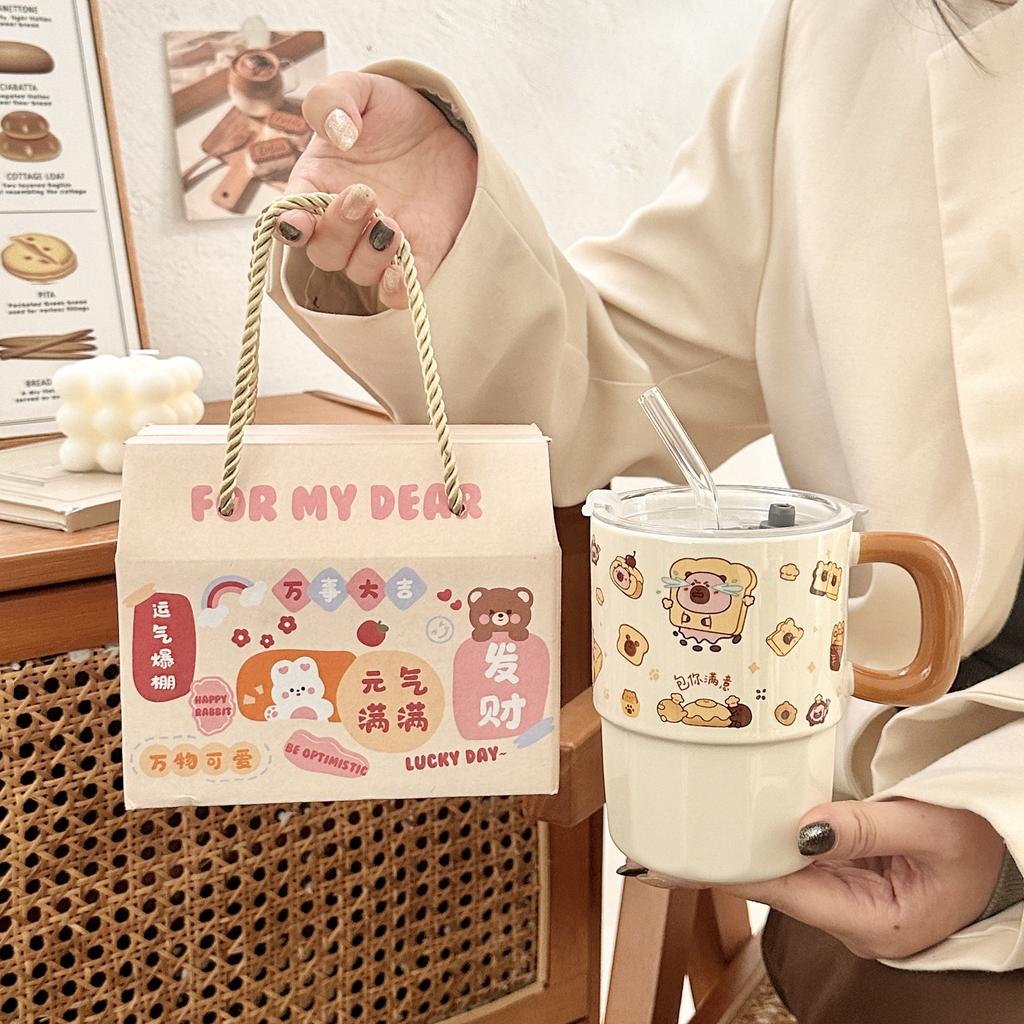 Ceramic Straw Cup with Lid High-value Kapibara Water Cup Children's Household Mug for Girls