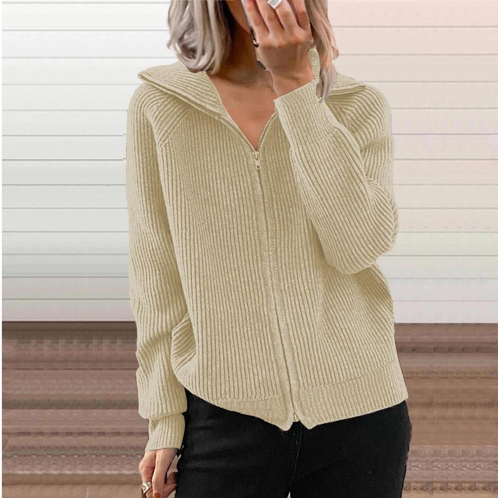 Women's Striped Knit Zip Cardigan: Autumn-Winter Loose Fit, Long Sleeve, Turn-Down Collar