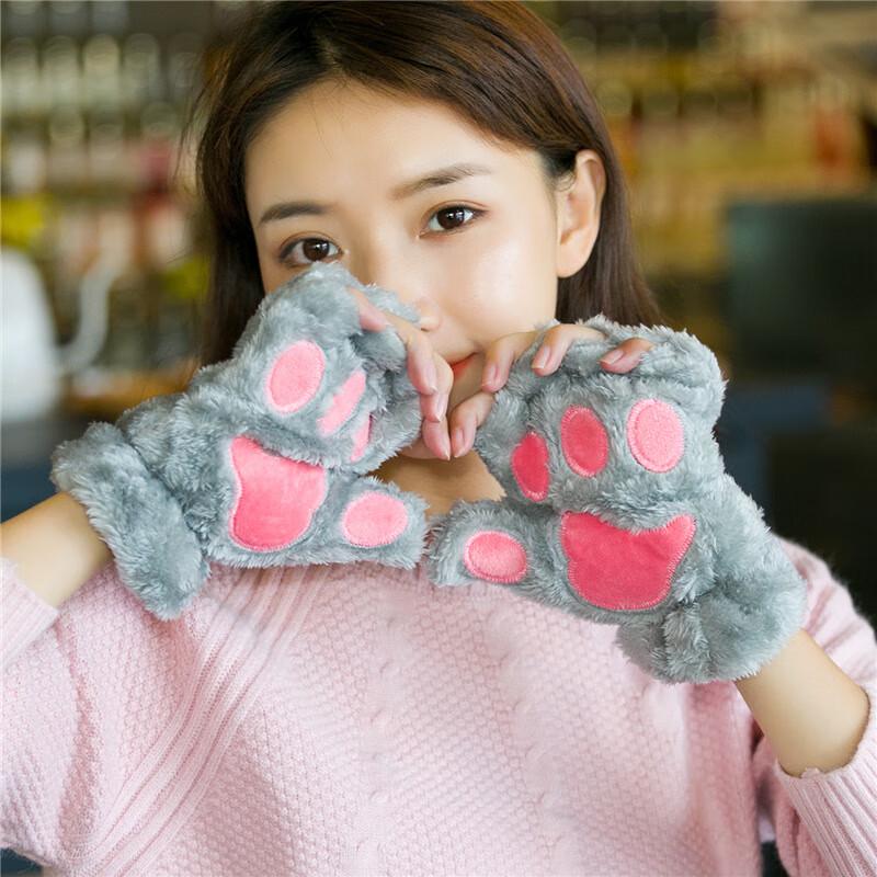 Jumaomao Plush Cat Paw Half-Finger Winter Gloves