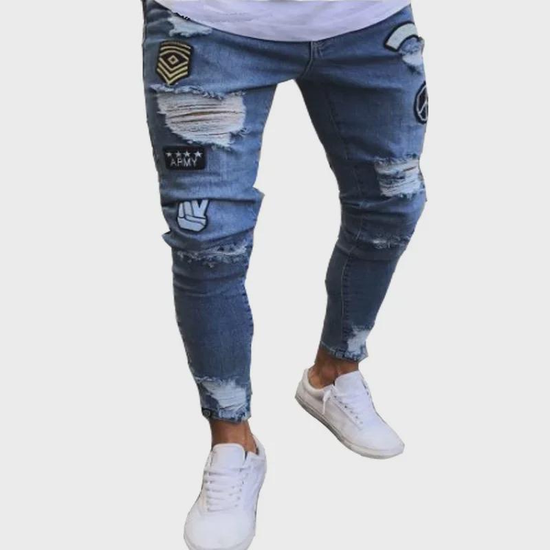 European and American Men's Ripped Badge Skinny Jeans