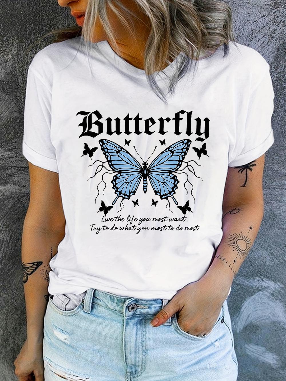 

Colorful Butterfly Petal Print Short Sleeve and Round Neck Cute Graphic Tee Shirts Female Tops Clothing Fashion Women Tshirt 4XL