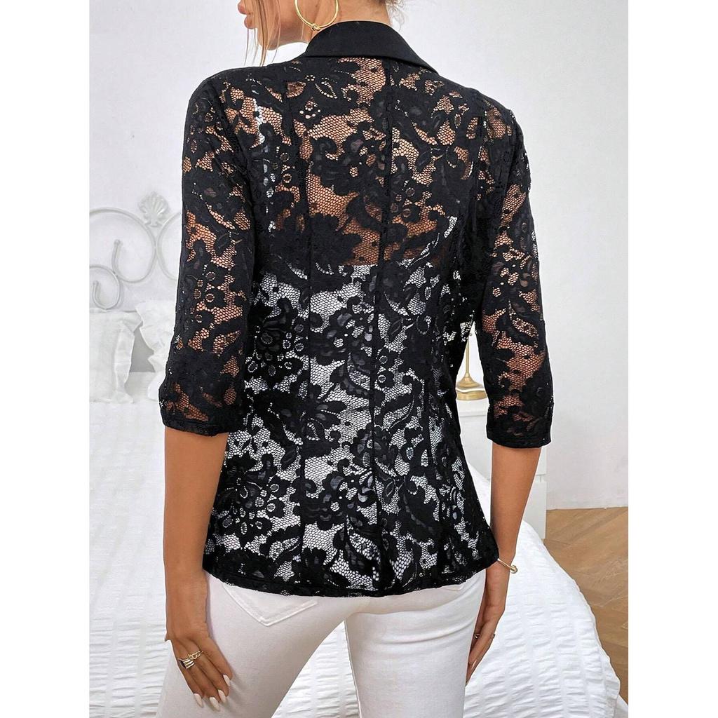 Women's Blazer Autumn Lace Patch Single Breasted Flap Detail Y2k Coat Work Office Female Fashion Elegant Daily Jacket