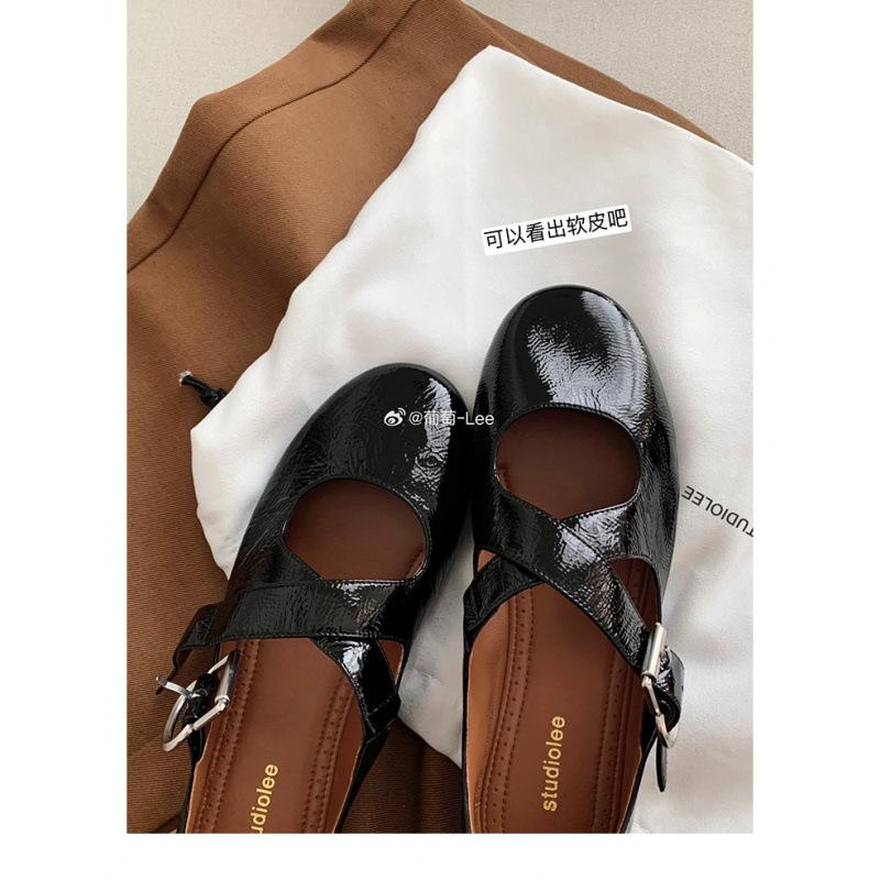 Cross-strap Silver Round Head Soft Leather Mary Jane Women's Shoes Light Mouth Flat Sole Shoes