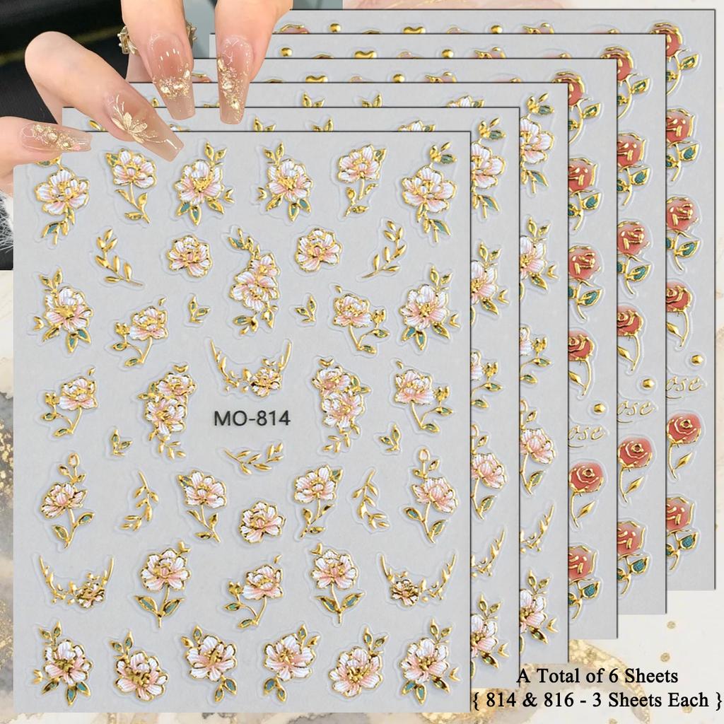 3 To 15 Sheets 5D Embossed Gold Outline Flower Nail Stickers Rose Daisy Spring Blossom Self-Adhesive Floral Decals