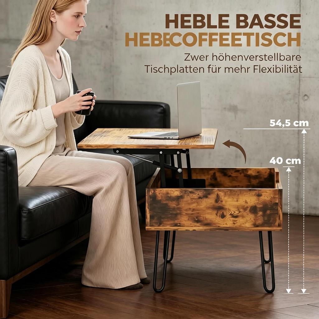 Rectangular Wooden Coffee Table with Large Hidden Storage Area, Height-Adjustable