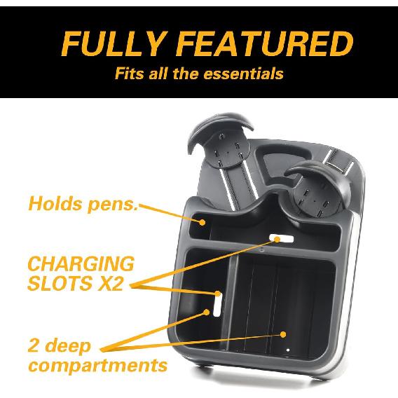 Universal Big Center Console for Cars, Trucks, Minivans, SUVs, Car Console Organizer with 2 Adjustable Cup Holders, Seatbelt for Secure Hold Car Seat