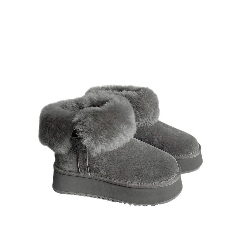 Trendy Buckle with Thick Sole To Increase the Height of Wool Flanged Warm Cotton Shoes Medium Long Short Boots Gray Snow Boots Women's Winter