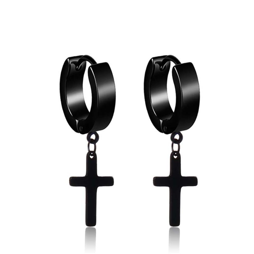 WKOUD 2023 New Black Punk Stainless Steel Women Men Hoop Earrings Small Trendy Round Cross Pendants Jewelry Accessories Gifts